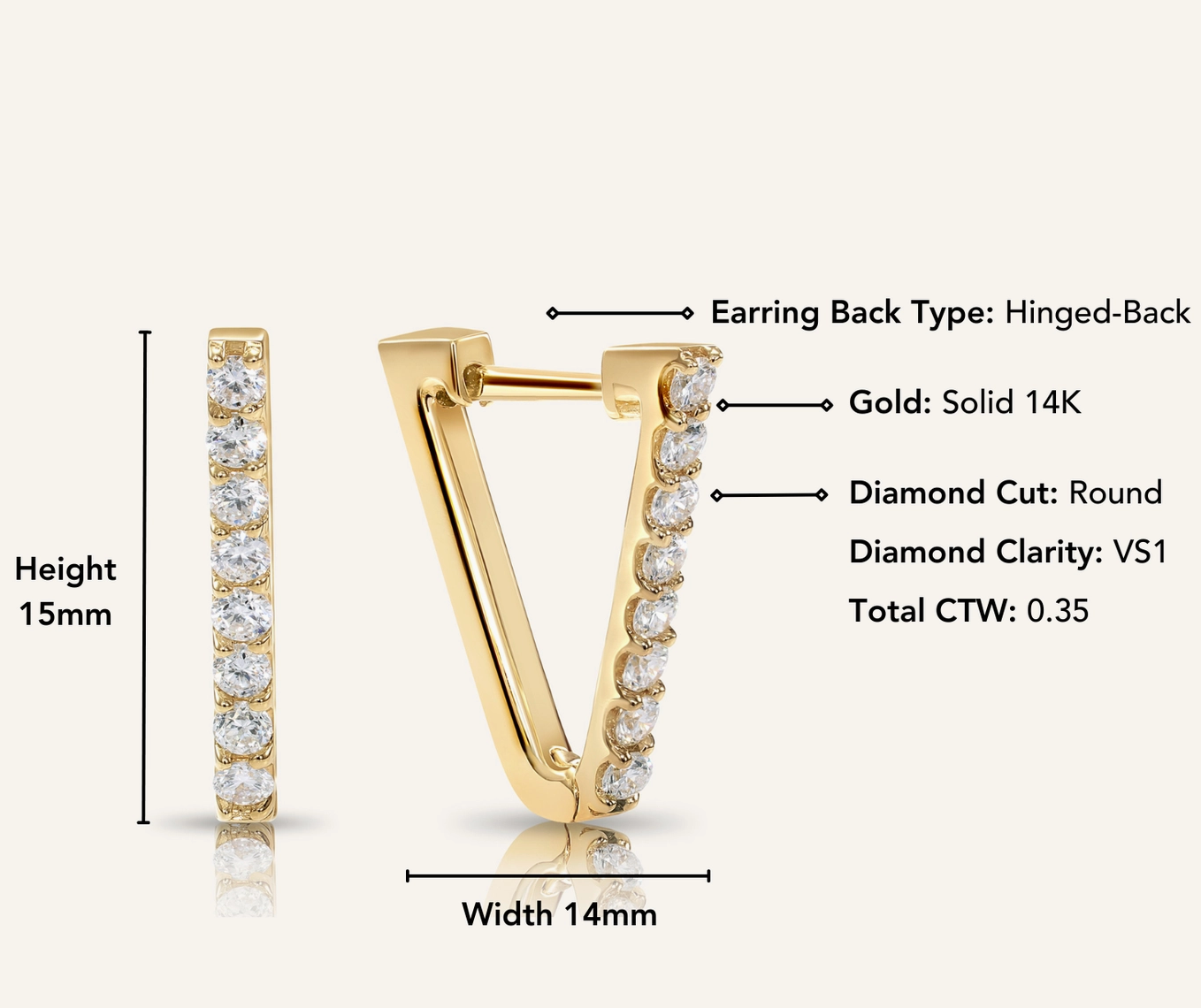 14K Solid Gold V-Shape Huggie Hoop Diamond Earring