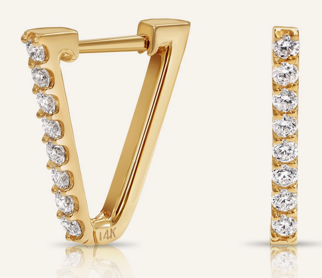 14K Solid Gold V-Shape Huggie Hoop Diamond Earring