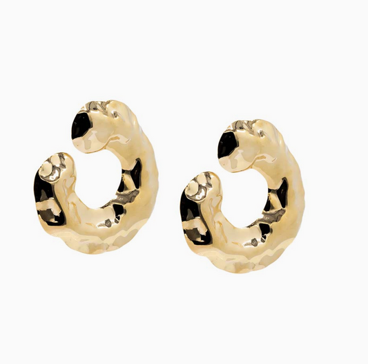 14K Gold Curved Dented Loop Stud Earrings For Women