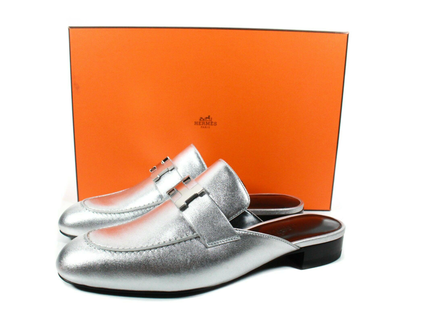 Hermes Metallic Nappa Trocadero Mule 39 Gris Argento